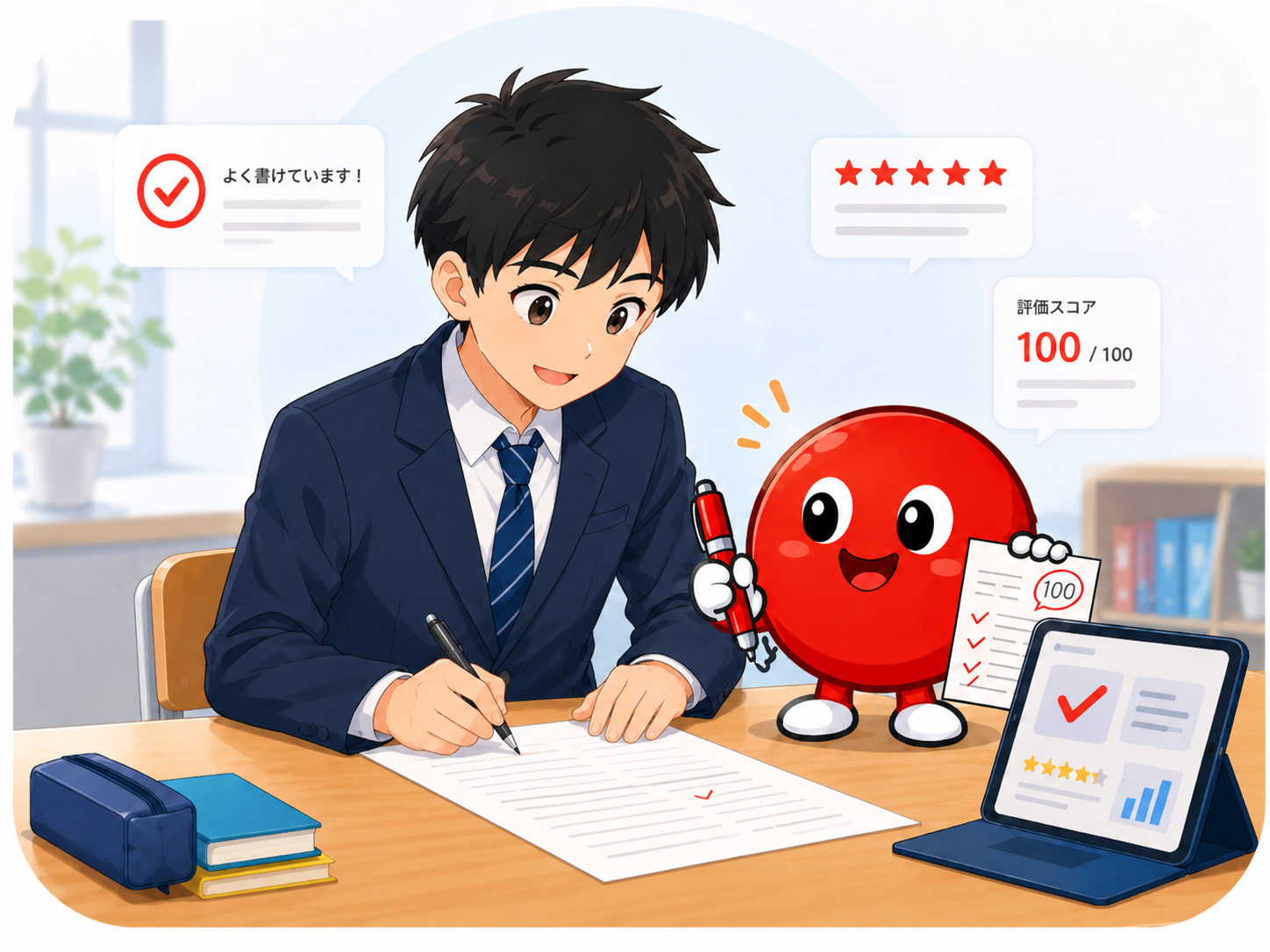 かきまる！ 男子生徒が作文し、赤いかきまるがその場で評価しているイラスト