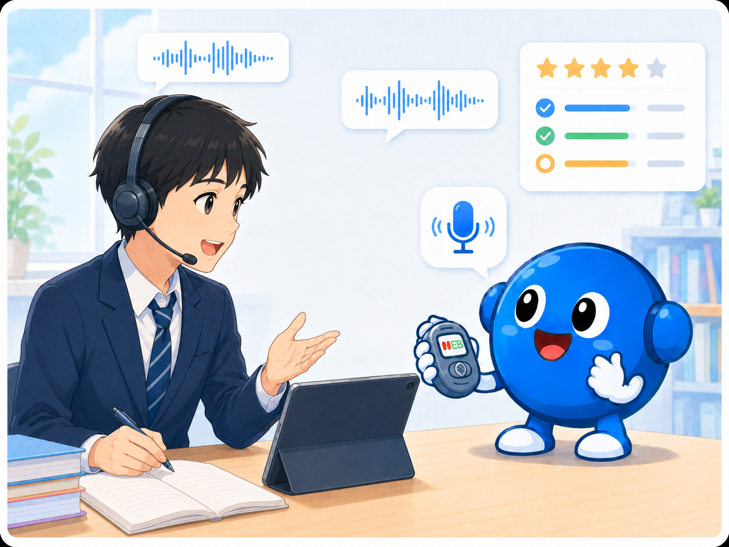 しゃべまる！ 男子生徒が青いしゃべまると会話しながら評価を受けているイラスト