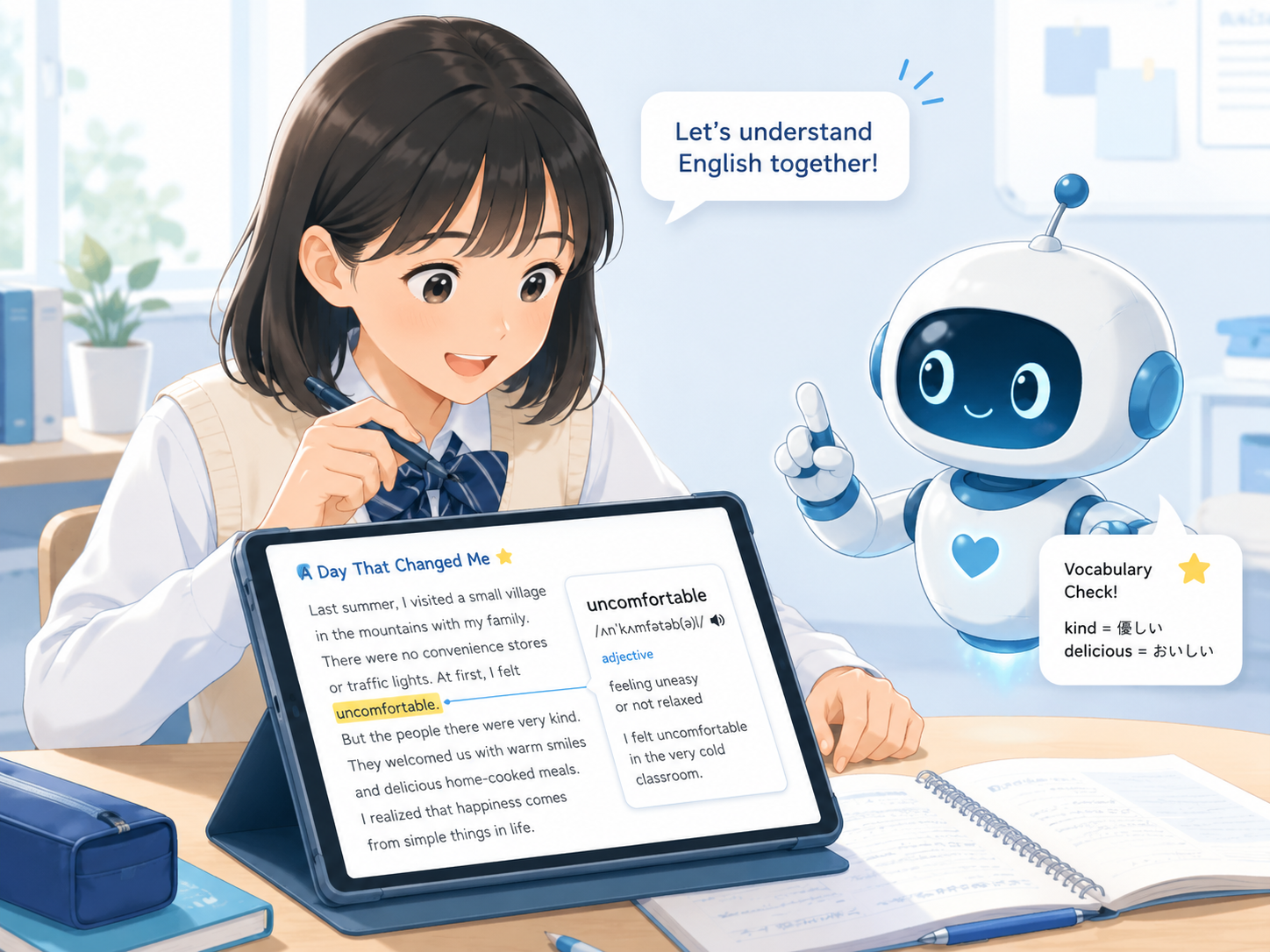 よみとも! 英文を読む生徒とサポートロボットのイメージ