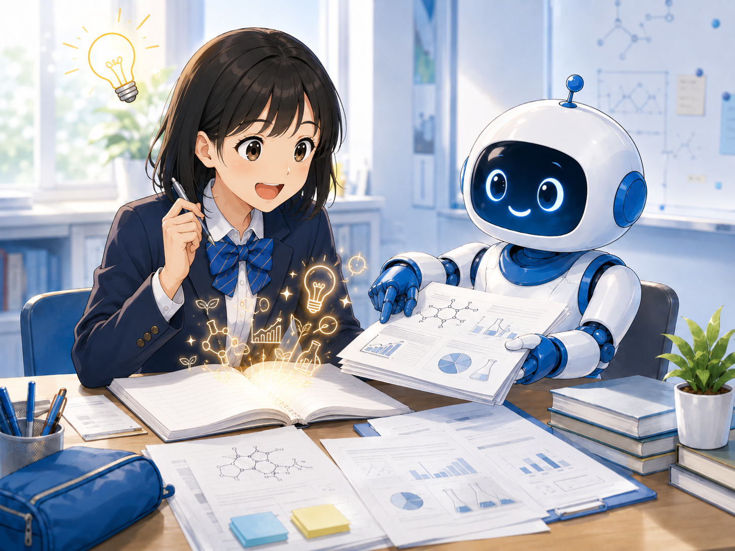 探究AIチューター 女性生徒がAIチューターに問いを与えられ、アイデアが湧いてくる様子